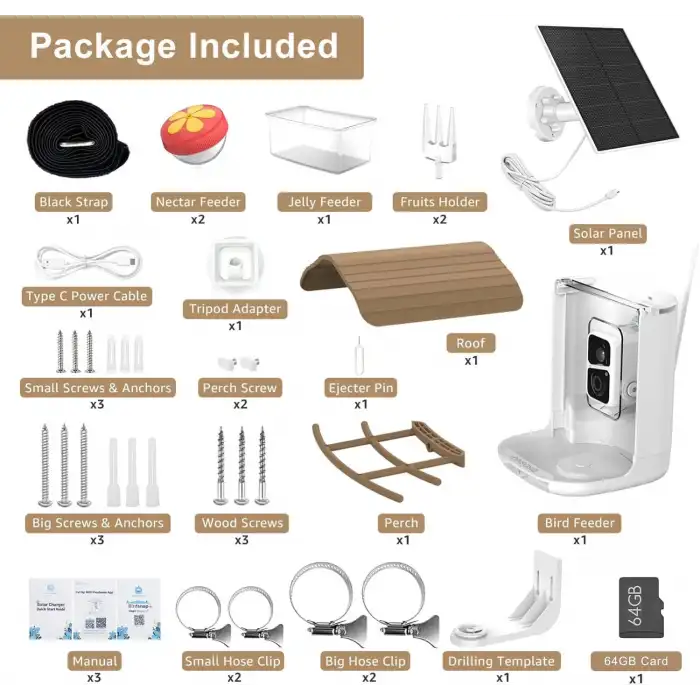 BirdSnap PAV - Akıllı Kuş Yemliği, Güneş Enerjili Kamera 2K HD - Koyu Kahverengi