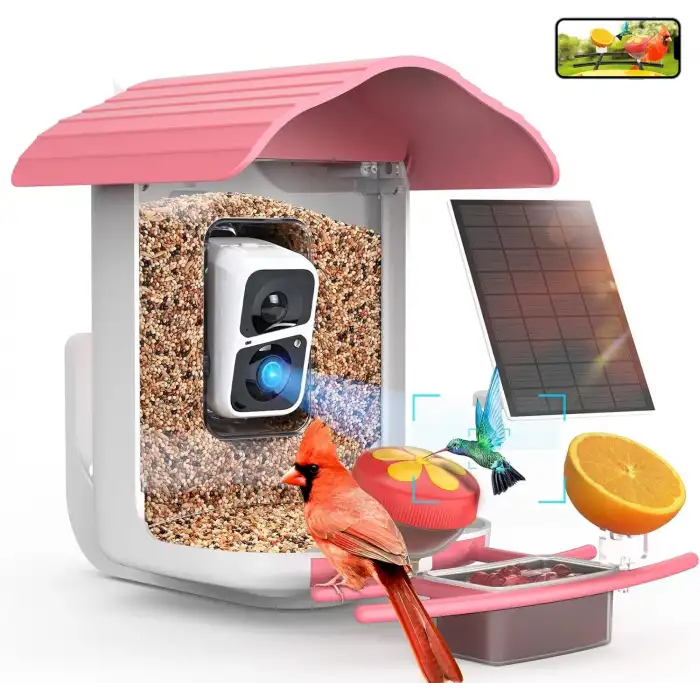 BirdSnap PAV - Akıllı Kuş Yemliği, Güneş Enerjili Kamera 2K HD - Pembe