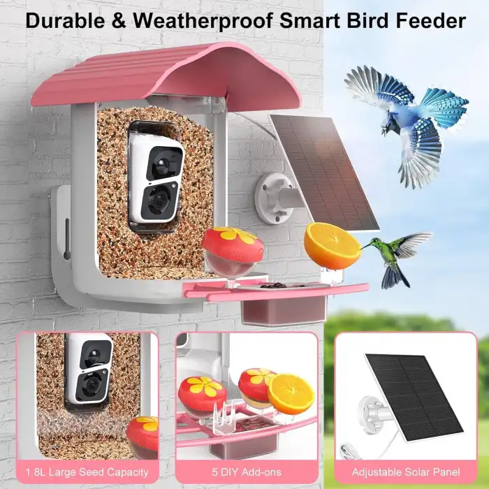 BirdSnap PAV - Akıllı Kuş Yemliği, Güneş Enerjili Kamera 2K HD - Pembe