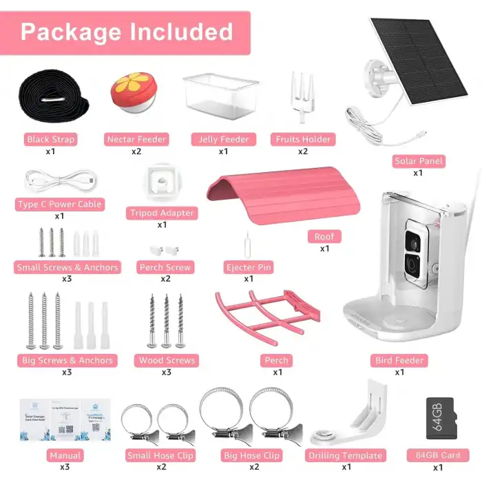 BirdSnap PAV - Akıllı Kuş Yemliği, Güneş Enerjili Kamera 2K HD - Pembe