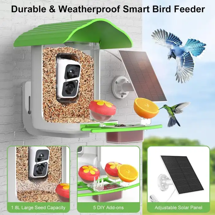 BirdSnap PAV - Akıllı Kuş Yemliği, Güneş Enerjili Kamera 2K HD - Yeşil