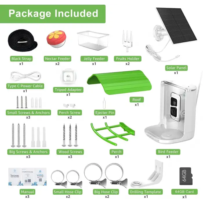 BirdSnap PAV - Akıllı Kuş Yemliği, Güneş Enerjili Kamera 2K HD - Yeşil