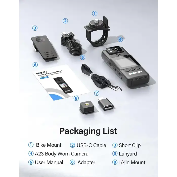 Boblov A23 Video ve Ses Kaydı Olan Vücut Kamerası 128GB Kompakt, 9 Saat Pil Ömrü