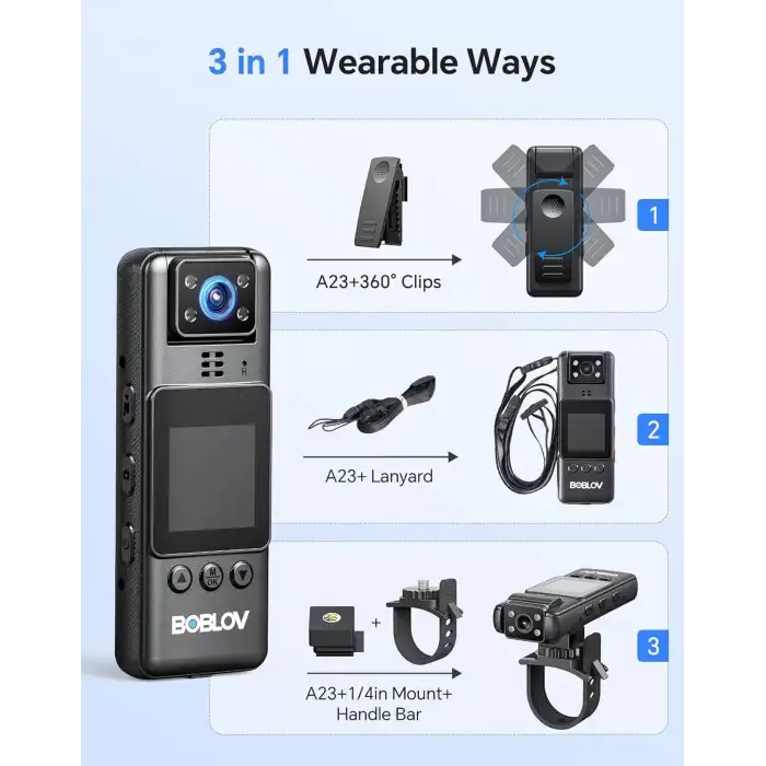 Boblov A23 Video ve Ses Kaydı Olan Vücut Kamerası 64GB Kompakt, 9 Saat Pil Ömrü