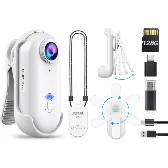 Boblov W4 2K Mini Vücut Kamerası, 360° Dönebilen Klipsli 128 GB Kamera - Beyaz