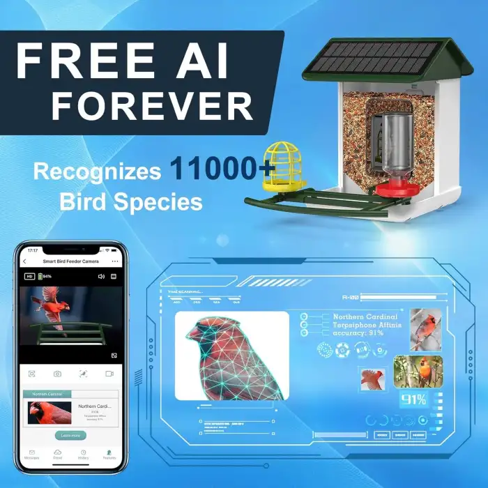 BROAIMX Güneş Enerjili Kameralı Kuş Yemliği Ücretsiz Yapay Zeka - Koyu Yeşil