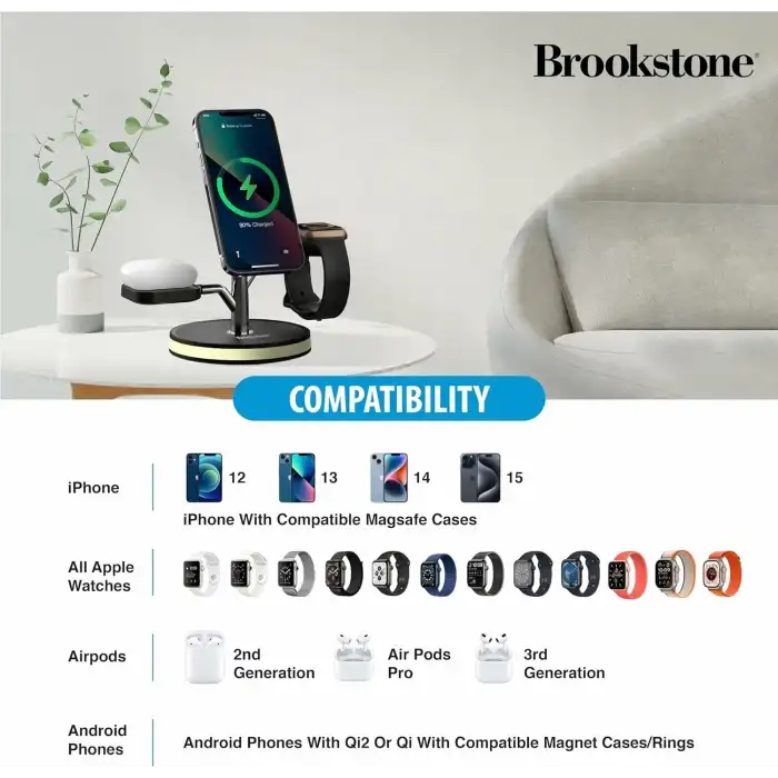 Brookstone 3ü 1 Arada Kablosuz Hızlı Şarj İstasyonu - Manyetik Şarj Standı