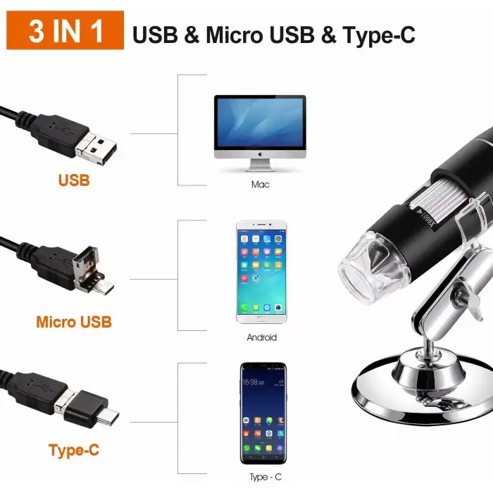 Bysameyee USB Dijital Mikroskop 40X-1000X, 8 LED Büyütme Endoskop Kamera
