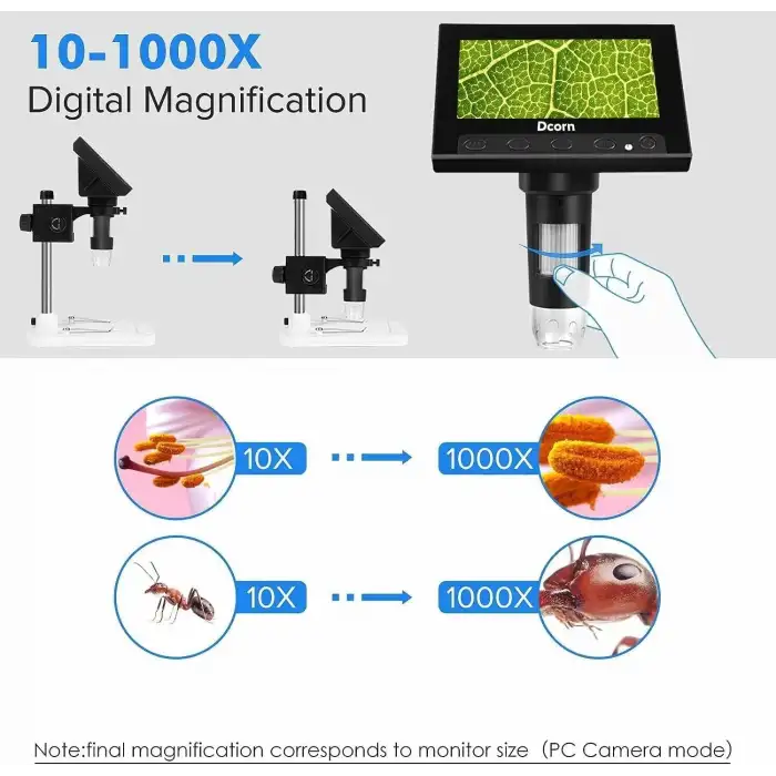 Dcorn 4.3 Inc LCD Dijital Mikroskop, 8 Ayarlanabilir LED Işıklı 10X-1000X