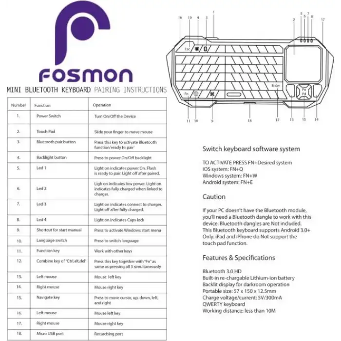 Fosmon Touchpadli Mini Bluetooth Klavye