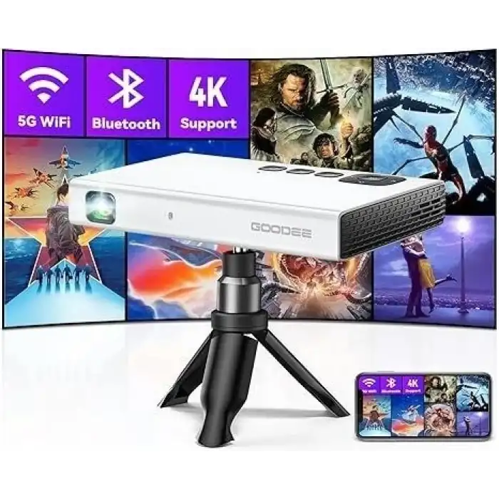 Goodee 4K Mini Projektör 1080P, WiFi ve Bluetooth, Tripod ve Çanta İle