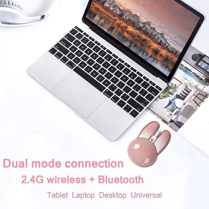 Guguelec Kablosuz Mouse, Sevimli Tavşan Bluetooth Çift Mod, Küçük - Pembe