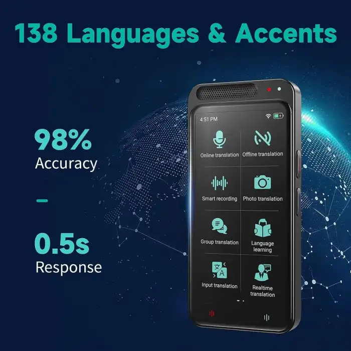 HASLED Taşınabilir Tercüman Cihazı, 138 Dil ve 4.1 Inc Dokunmatik Ekran - Siyah