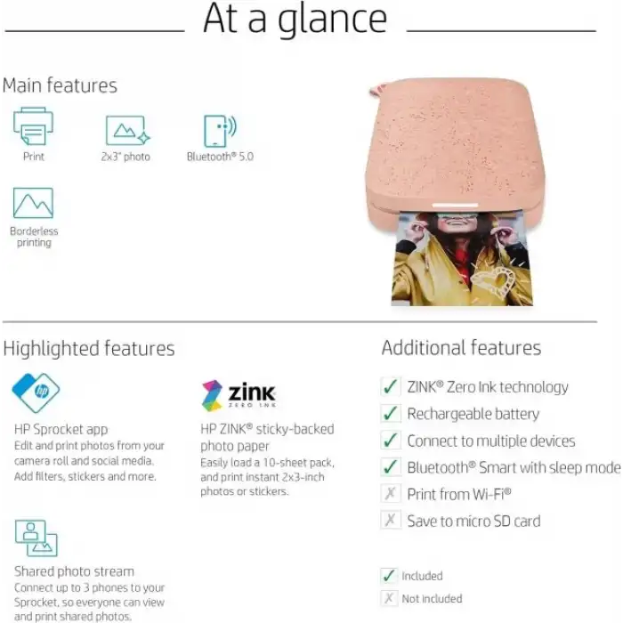 HP Sprocket Taşınabilir 2x3 Anında Fotoğraf Yazıcısı