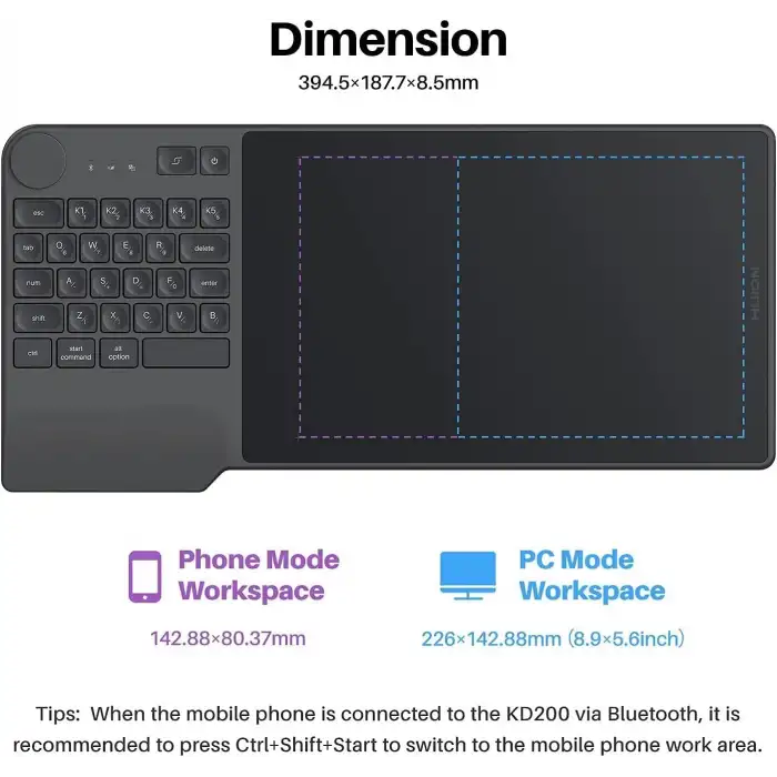 HUION Inspiroy Keydial KD200 Bluetooth Kablosuz Grafik Tablet