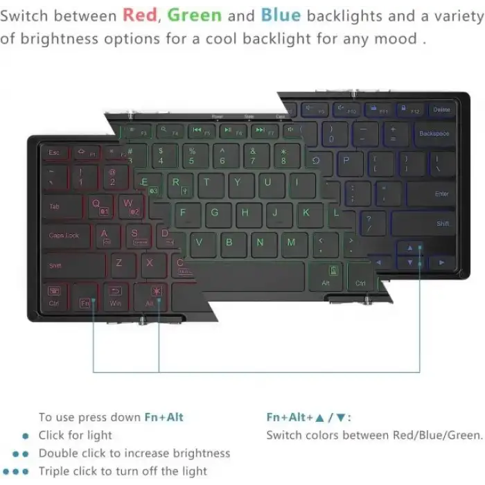 iClever BK05 3 Renkli Arka Aydınlatmalı Katlanabilir Bluetooth Klavye