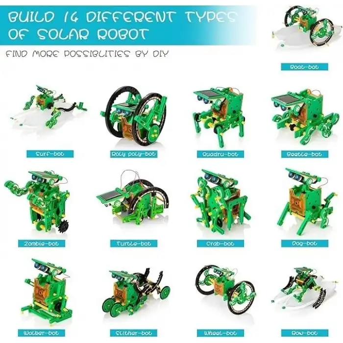 Kidwill Çocuklar İçin Güneş Enerjili Robot Seti, 14ü 1 Arada Eğitici - Yeşil