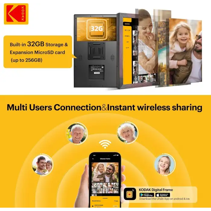 Kodak 18.5 Inc Ahşap WiFi Dijital Fotoğraf Çerçevesi, 1920 x1080, Kumandalı