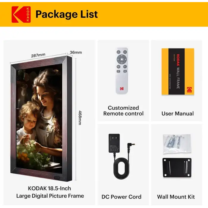 Kodak 18.5 Inc Ahşap WiFi Dijital Fotoğraf Çerçevesi, 1920 x1080, Kumandalı