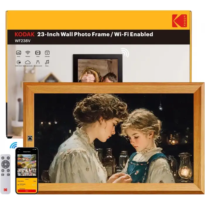 KODAK 23.8 Inc Ahşap WiFi Dijital Fotoğraf Çerçevesi, 1920x1080 FHD IPS Ekran