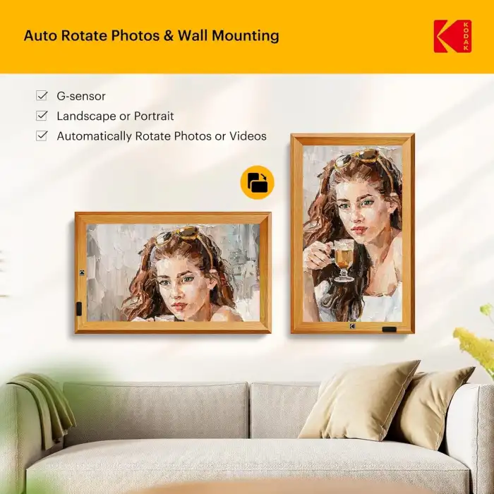 KODAK 23.8 Inc Ahşap WiFi Dijital Fotoğraf Çerçevesi, 1920x1080 FHD IPS Ekran