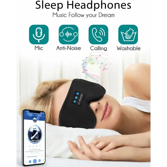 LC-dolida 3D Uyku Maskesi - Bluetooth Kablosuz Müzik - Zarif Siyah