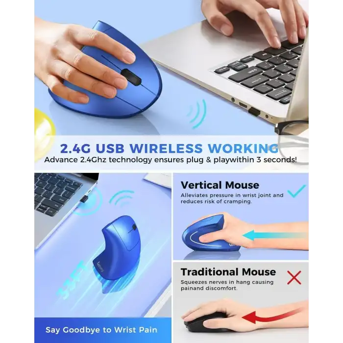 Lekvey Dikey Kablosuz Ergonomik Mouse, Şarj Edilebilir 2.4G Optik - Mavi
