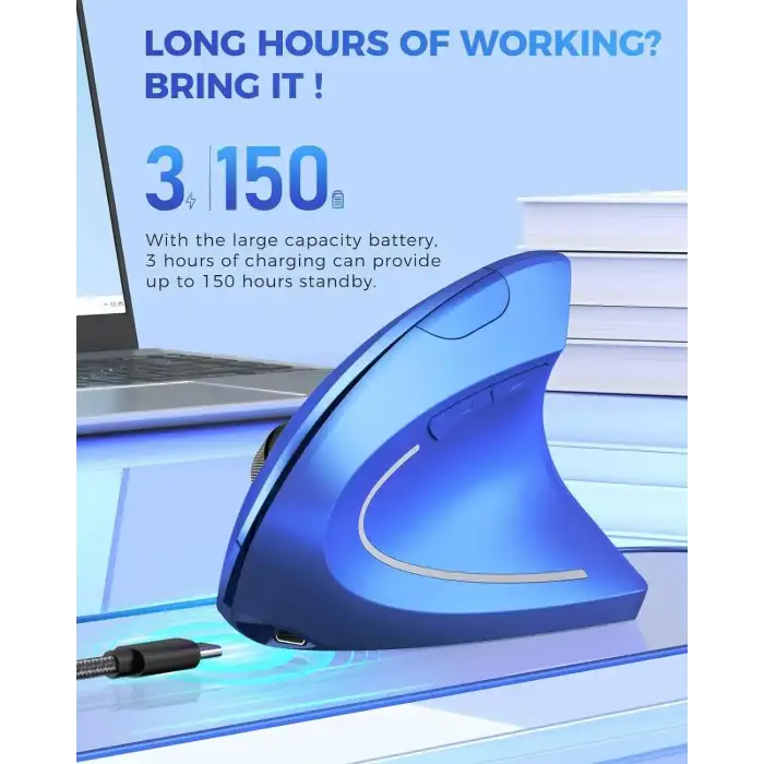 Lekvey Dikey Kablosuz Ergonomik Mouse, Şarj Edilebilir 2.4G Optik - Mavi