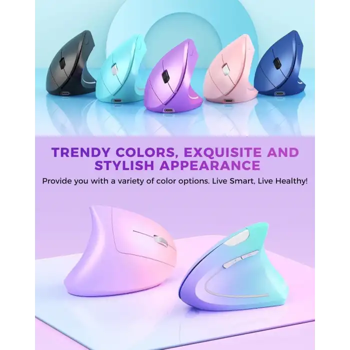 Lekvey Dikey Kablosuz Ergonomik Mouse, Şarj Edilebilir 2.4G Optik - Mor