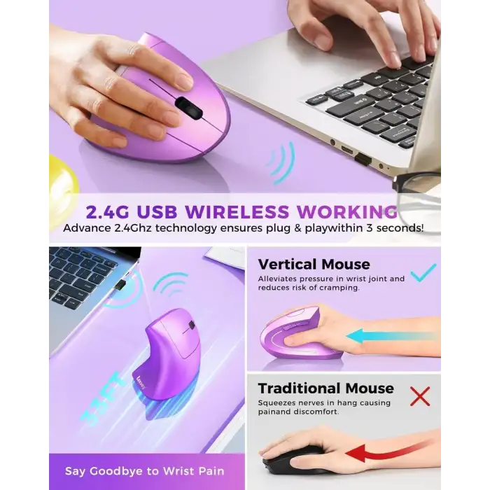 Lekvey Dikey Kablosuz Ergonomik Mouse, Şarj Edilebilir 2.4G Optik - Mor