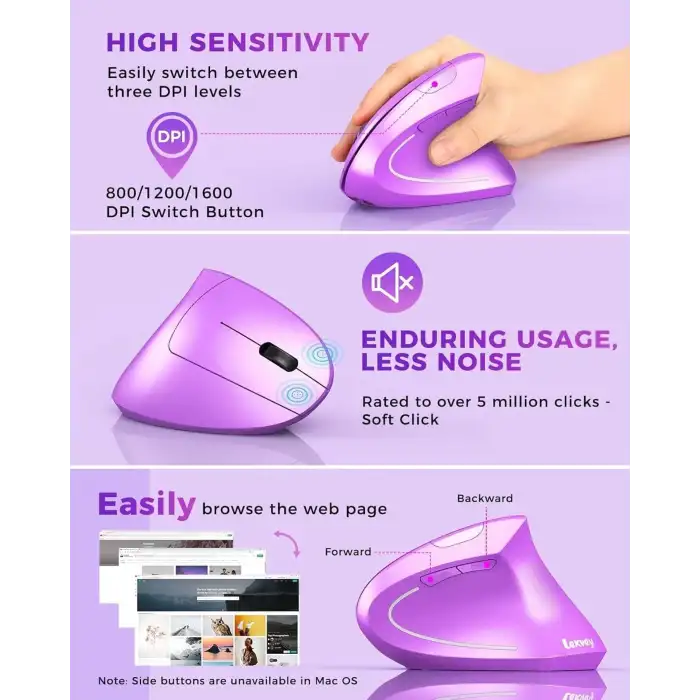 Lekvey Dikey Kablosuz Ergonomik Mouse, Şarj Edilebilir 2.4G Optik - Mor