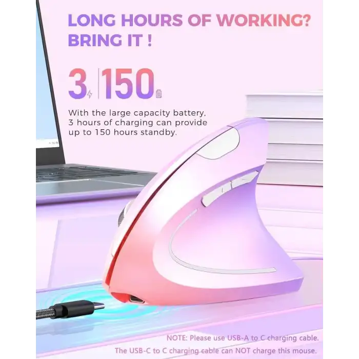 Lekvey Dikey Kablosuz Ergonomik Mouse, Şarj Edilebilir 2.4G Optik - Mor/Pembe