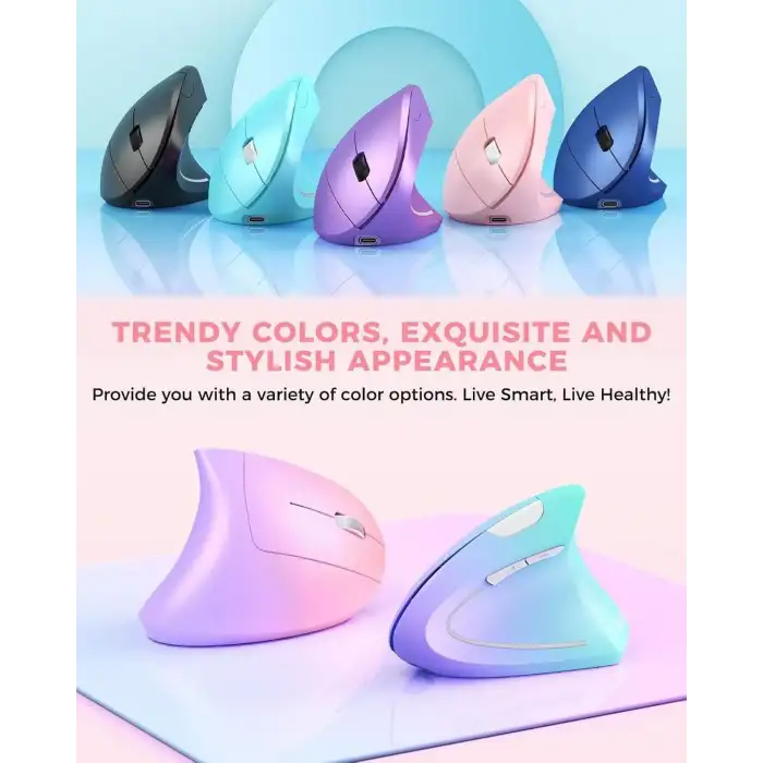 Lekvey Dikey Kablosuz Ergonomik Mouse, Şarj Edilebilir 2.4G Optik - Pembe