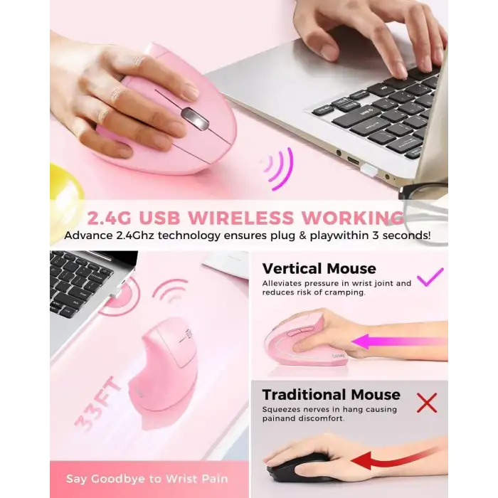 Lekvey Dikey Kablosuz Ergonomik Mouse, Şarj Edilebilir 2.4G Optik - Pembe