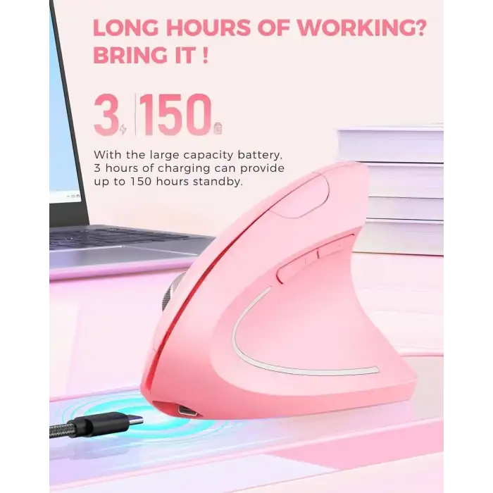 Lekvey Dikey Kablosuz Ergonomik Mouse, Şarj Edilebilir 2.4G Optik - Pembe