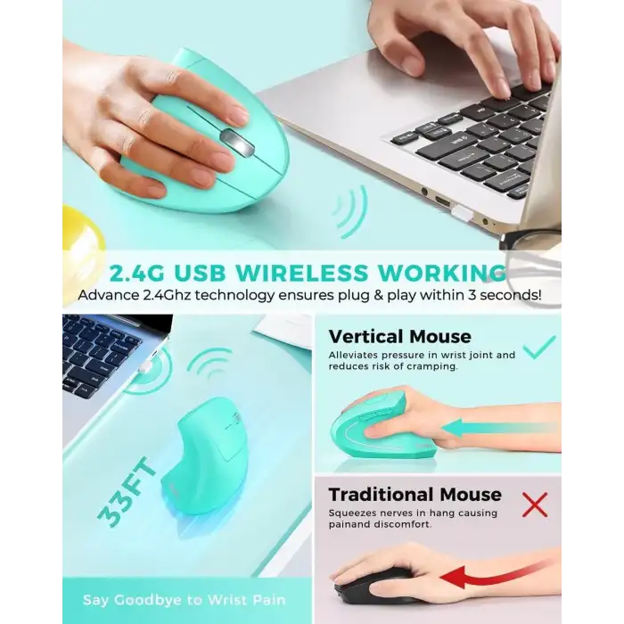 Lekvey Dikey Kablosuz Ergonomik Mouse, Şarj Edilebilir 2.4G Optik - Yeşil