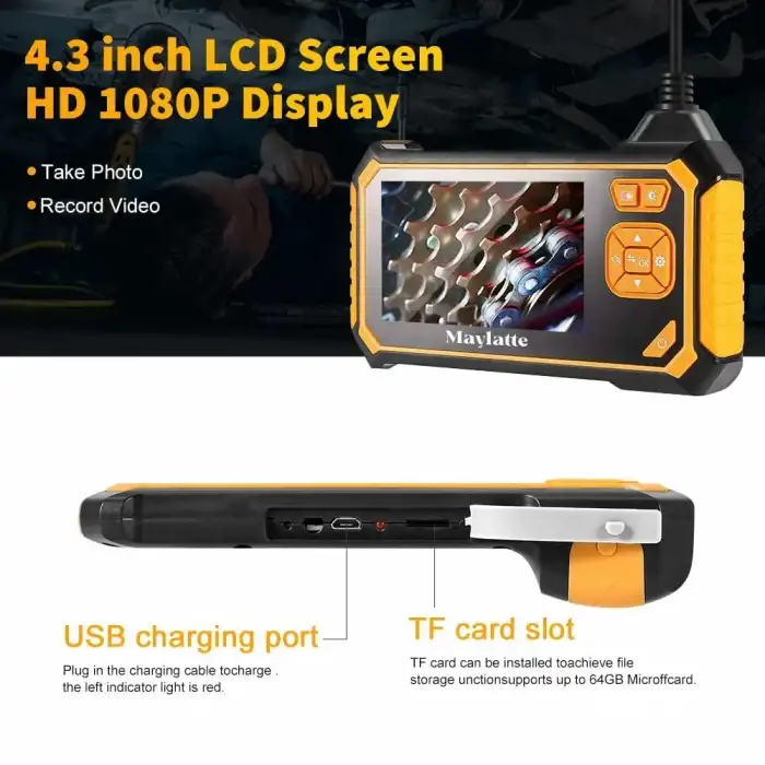 Maylatte Çift Lensli Endoskop, 4.3 Inc 1080P HD Boroskop - 5m Kablo