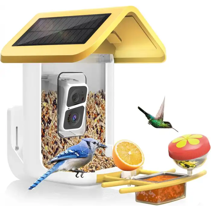 Onlyfly Güneş Enerjili Kameralı Kuş Yemliği: 2K Canlı Yayın Kamerası - Sarı/Beyaz