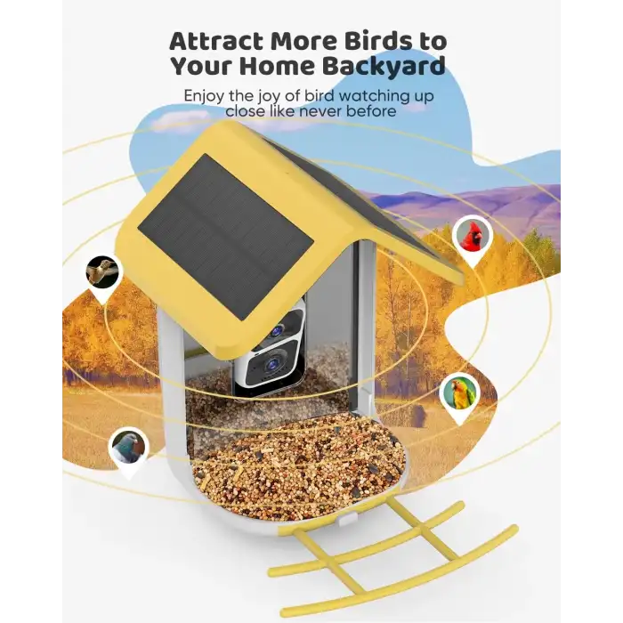 Onlyfly Güneş Enerjili Kameralı Kuş Yemliği: 2K Canlı Yayın Kamerası - Sarı/Beyaz