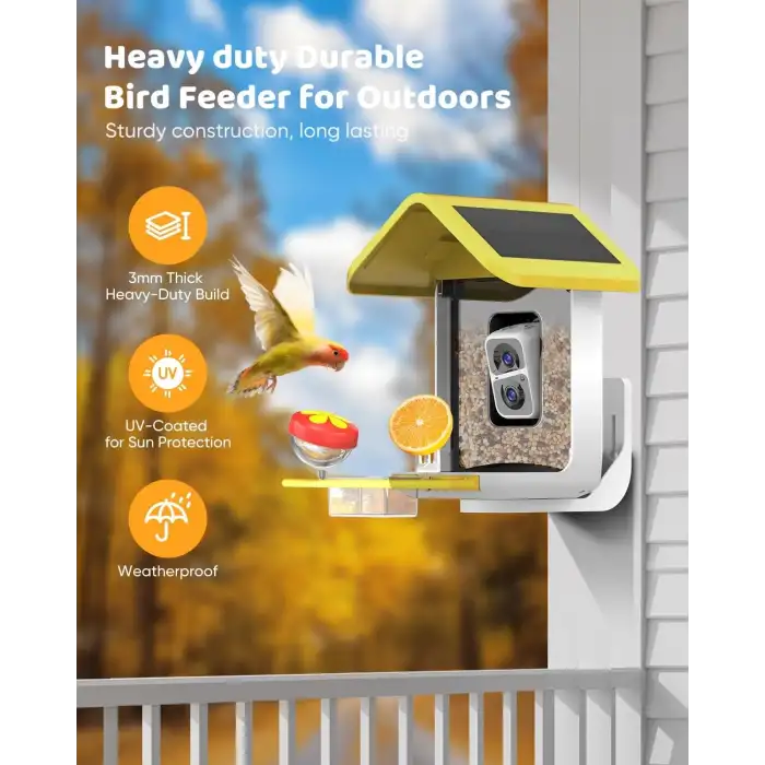 Onlyfly Güneş Enerjili Kameralı Kuş Yemliği: 2K Canlı Yayın Kamerası - Sarı/Beyaz