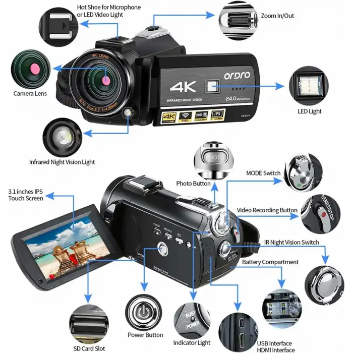 ORDRO UHD Gece Görüşlü Video Kamera - Vlog Hayalet Avcılık Kamerası 4K