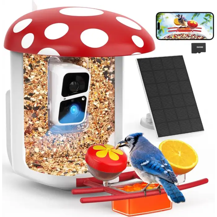 Peckcam Akıllı Kuş Yemliği, Kamera, 2K Canlı Gerçek Zamanlı Uyarı - Kırmızı