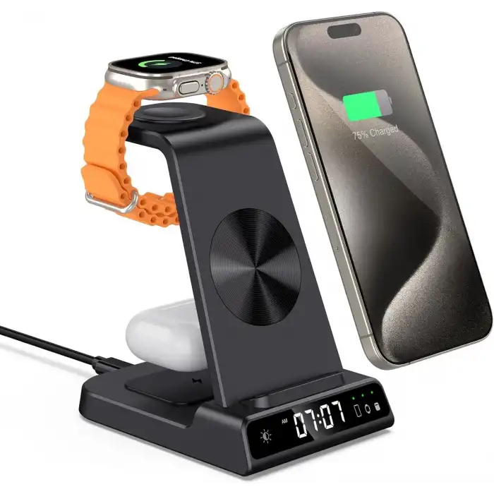 Phelinta Dijital Saatli, 4ü 1 Arada Kablosuz Şarj İstasyonu Apple İçin - Siyah