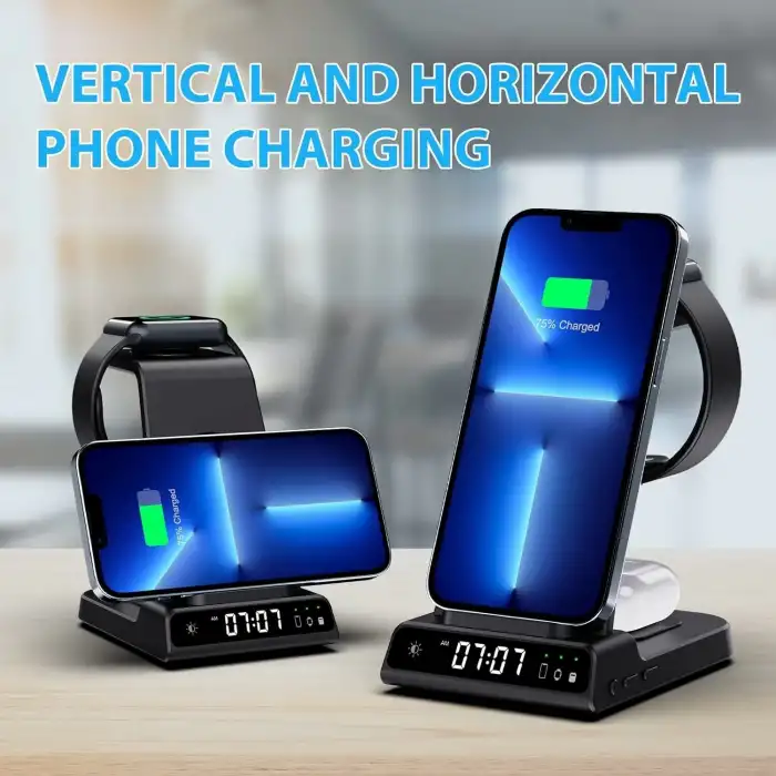 Phelinta Dijital Saatli, 4ü 1 Arada Kablosuz Şarj İstasyonu Apple İçin - Siyah