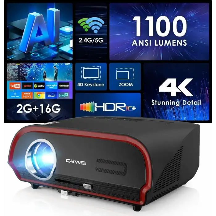 Pxodyda 4K Projektör Gün Işığı HDR WiFi 6 Bluetooth, 5G Projektör, Akıllı LED