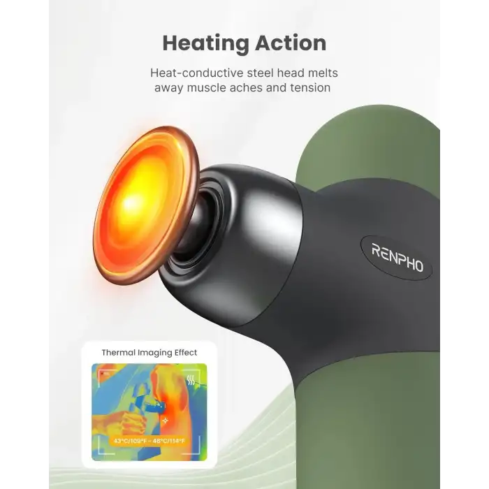 RENPHO Mini Isıtmalı Termal Masaj Cihazı, Derin Doku Perküsyon - Zeytin Yeşili