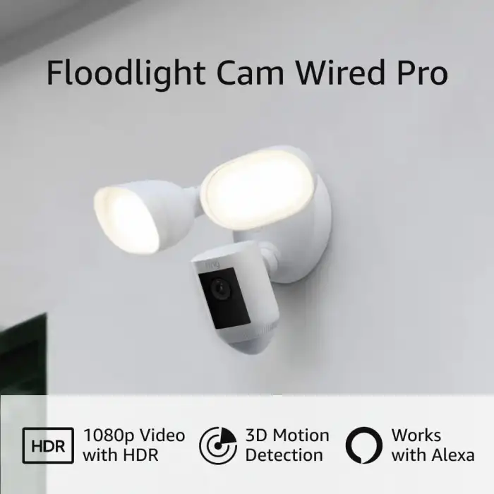 Ring Floodlight Cam Wired Pro Kuş Bakışı ve 3D Hareket Algılama, Beyaz