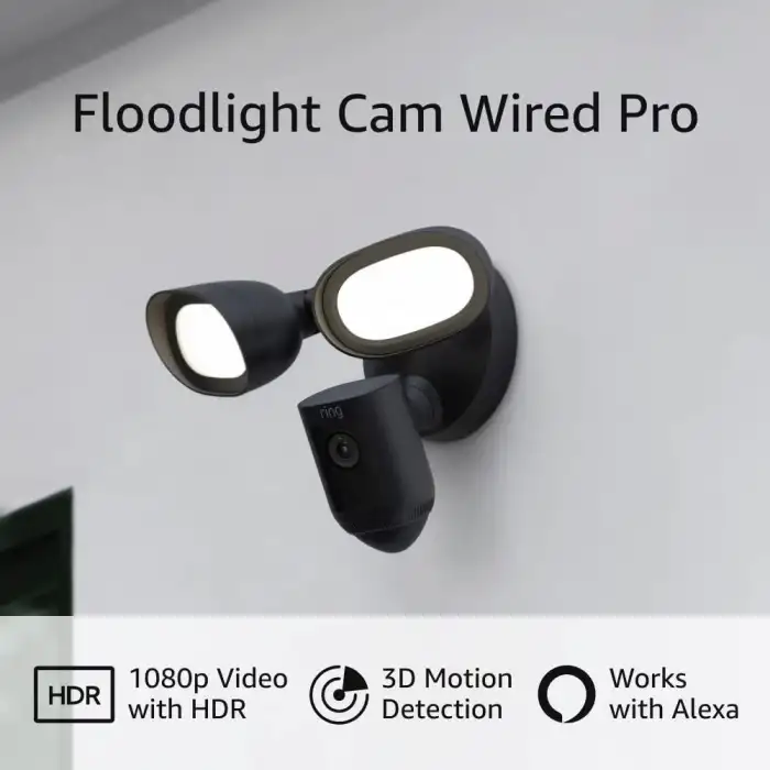 Ring Floodlight Cam Wired Pro Kuş Bakışı ve 3D Hareket Algılama, Siyah