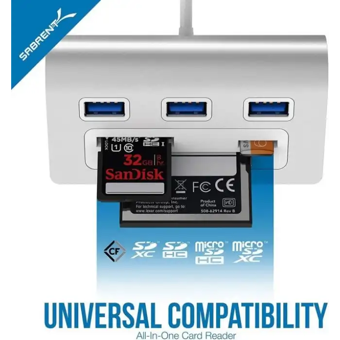SABRENT 3 Bağlantı Noktalı Alüminyum USB 3.0 Hub ve Çoklu Kart Okuyucu (HB-MACR)