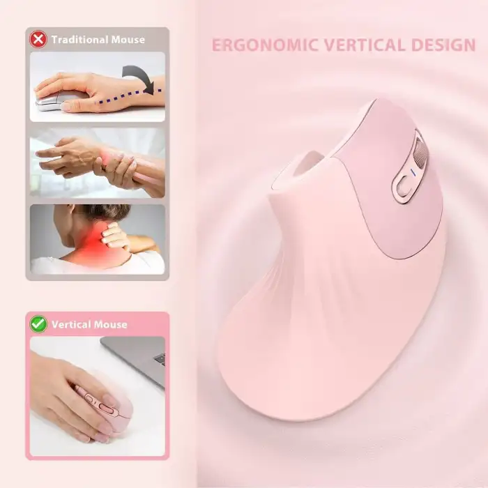Seenda Ergonomik Kablosuz Dikey Mouse, Bluetooth 4.0+USB - Açık Pembe